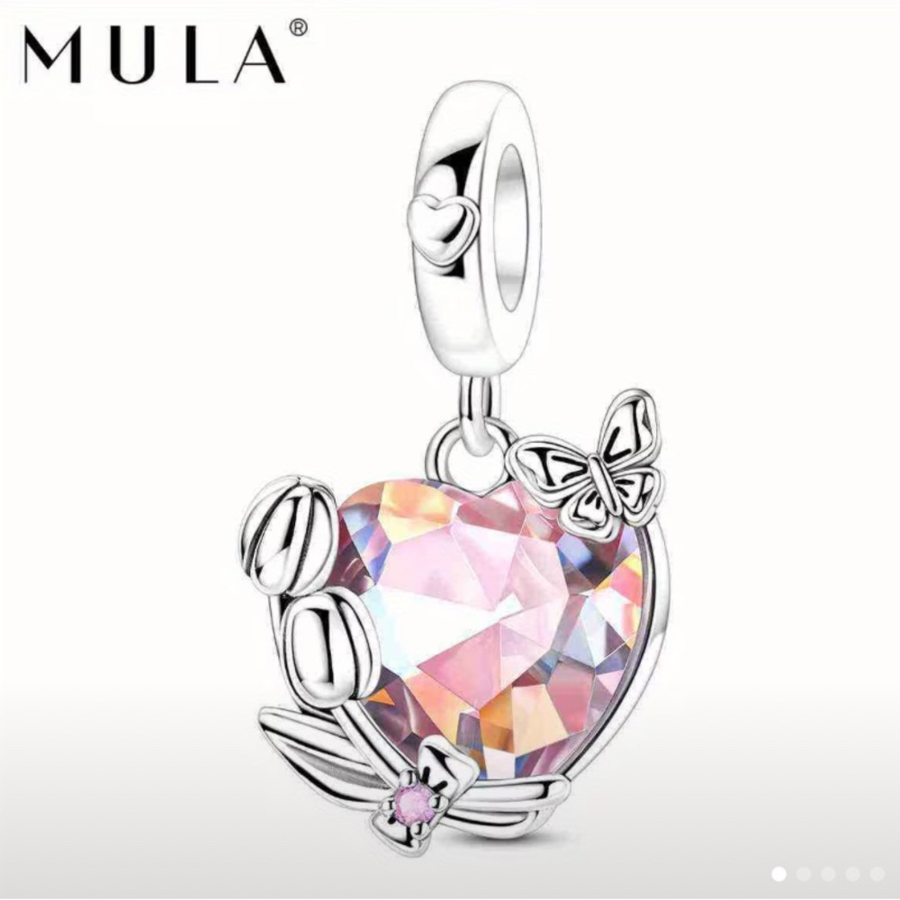 MULA Silver Heart Charm with Crystal Accents and Tulips and Butterflies
